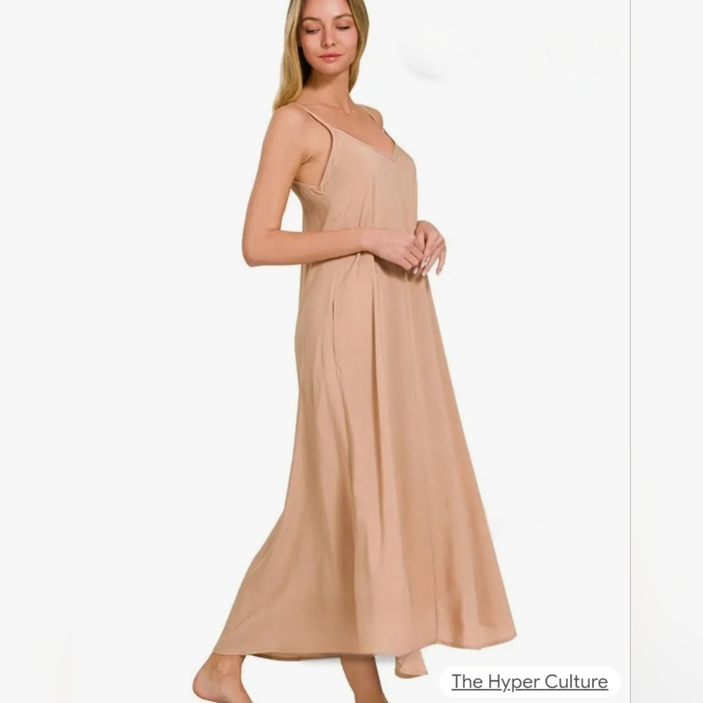 Zxxx NWT Zenana Arc Hem Cami Midi Dress Flowy with Pockets Tan Sm Md Lg XL